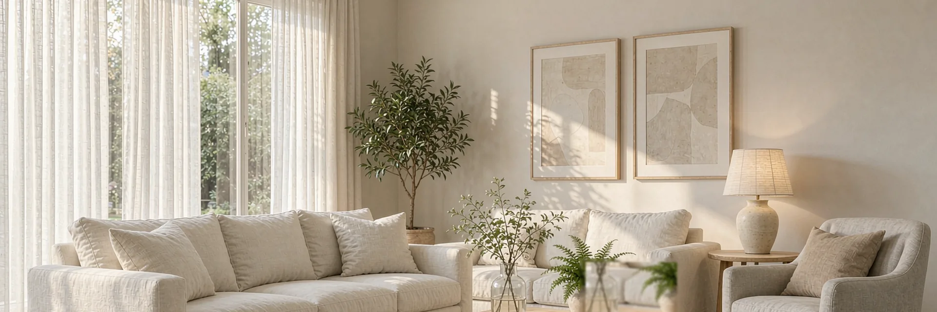 A sunlit living room styled with a slipcovered sofa, accent chair and oak coffee table