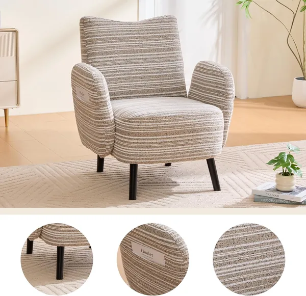 Modern Accent Chair, 30.31'' Boucle Reading Chair with Side Storage Pocket and Solid Wood Legs, Upholstered Armchair with Sanded Fabric, Small Sofa Chairs for Living Room, Bedroom, Khaki