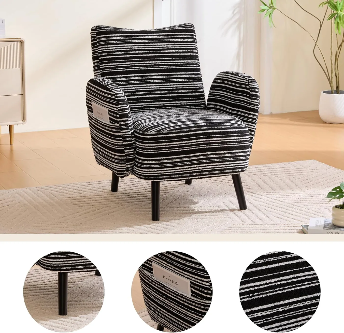 Modern Accent Chair, 30.31'' Boucle Reading Chair with Side Storage Pocket and Solid Wood Legs, Upholstered Armchair with Sanded Fabric, Small Sofa Chairs for Living Room, Bedroom, Black