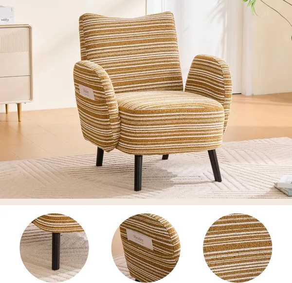 Modern Accent Chair, 30.31'' Boucle Reading Chair with Side Storage Pocket and Solid Wood Legs, Upholstered Armchair with Sanded Fabric, Small Sofa Chairs for Living Room, Bedroom, Mustard Yellow