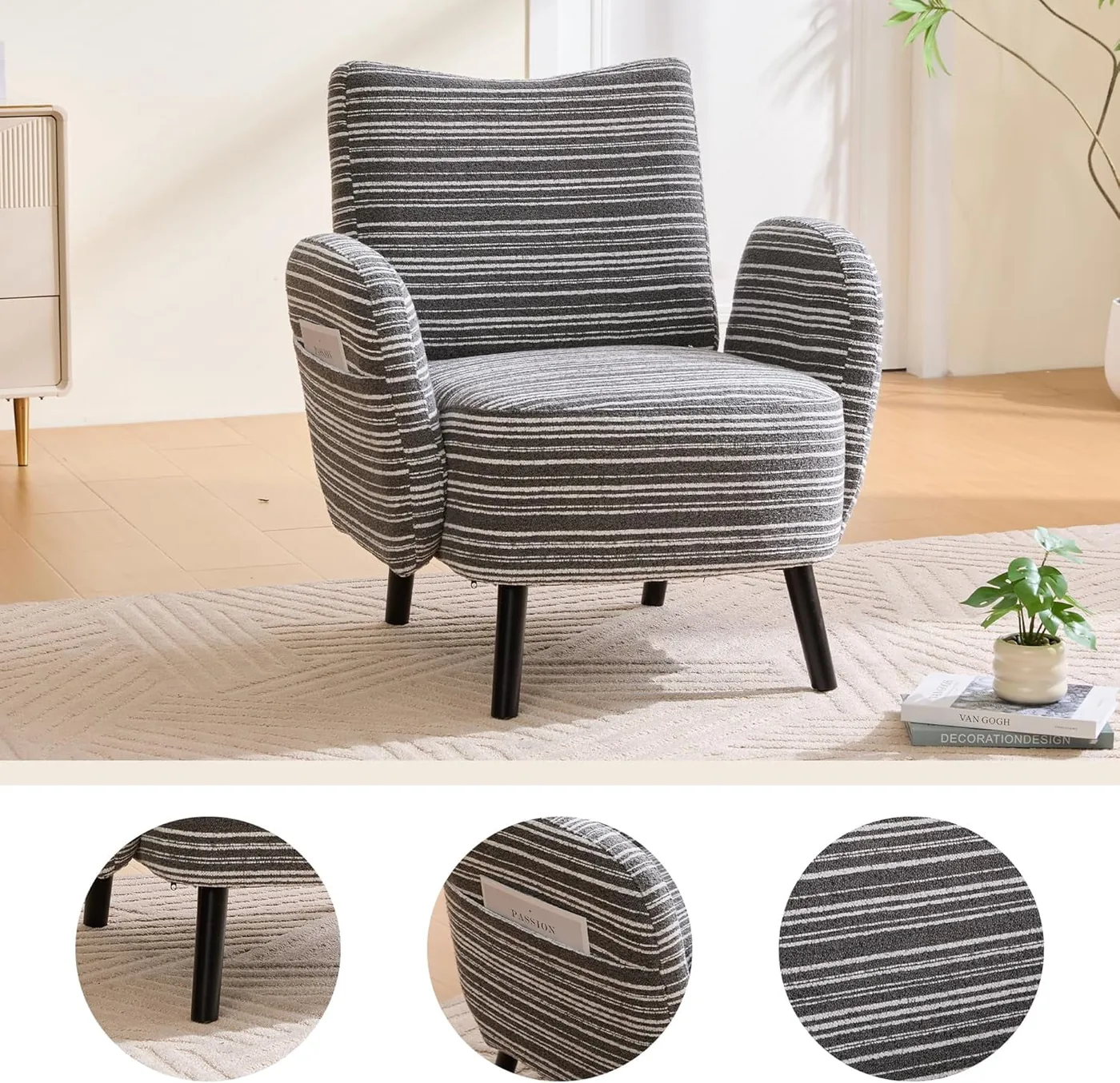 Modern Accent Chair, 30.31'' Boucle Reading Chair with Side Storage Pocket and Solid Wood Legs, Upholstered Armchair with Sanded Fabric, Small Sofa Chairs for Living Room, Bedroom, Dark Gray