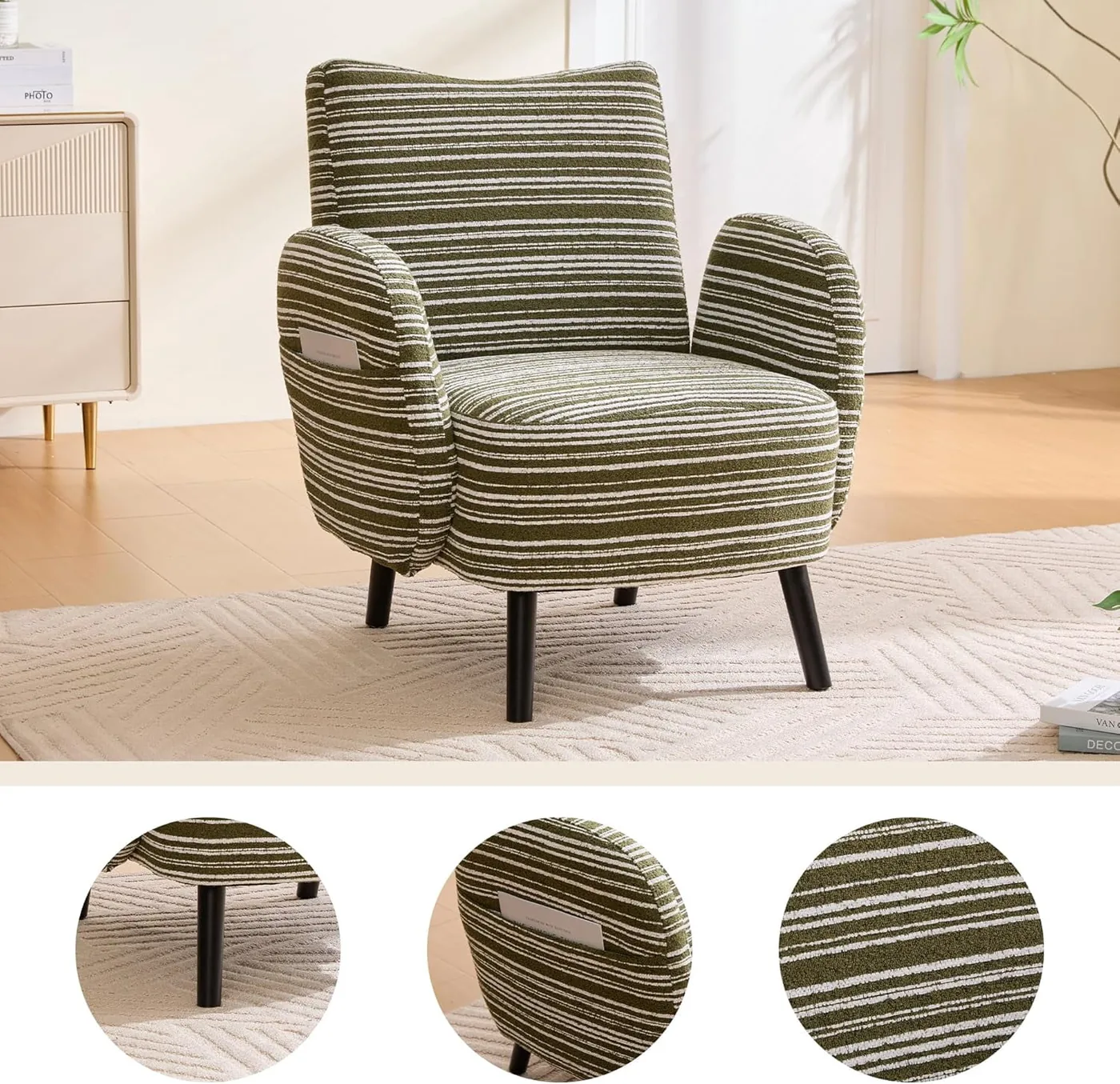 Modern Accent Chair, 30.31'' Boucle Reading Chair with Side Storage Pocket and Solid Wood Legs, Upholstered Armchair with Sanded Fabric, Small Sofa Chairs for Living Room, Bedroom, Olive Green