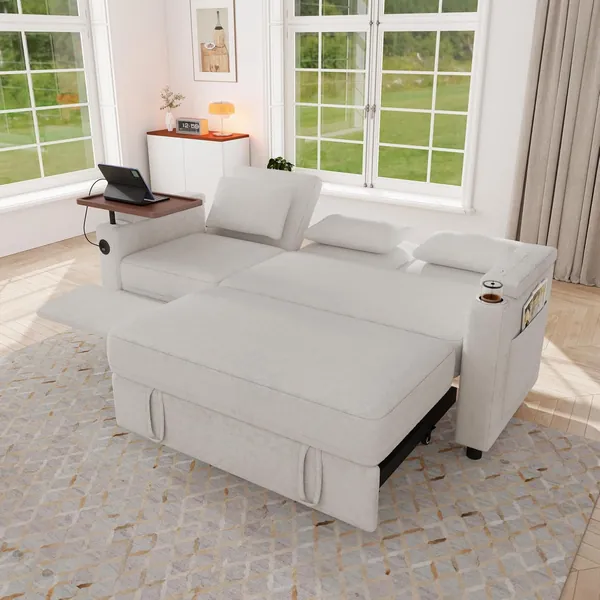 81" Recliner Sofa Bed, 3-in-1 Chenille Sleeper Sofa, Pull Out Couch Adjustable Backrest, USB, Side Pocket, Table, Cup Holder, Cloud Couch for Living Room, Apartment, Small Space, Off White