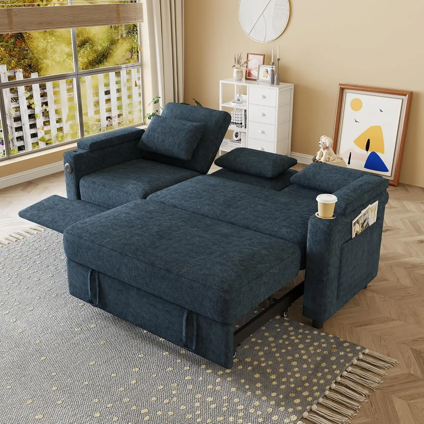 81" Recliner Sofa Bed, 3-in-1 Chenille Sleeper Sofa, Pull Out Couch with Adjustable Backrest, USB, Side Pocket, Table, Cup Holder, Cloud Couch for Living Room, Apartment, Small Space, Blue