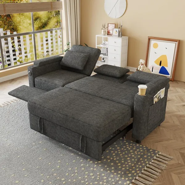 81" Recliner Sofa Bed, 3-in-1 Chenille Sleeper Sofa, Pull Out Couch Adjustable Backrest, USB, Side Pocket, Table, Cup Holder, Cloud Couch for Living Room, Apartment, Small Space, Dark Gray