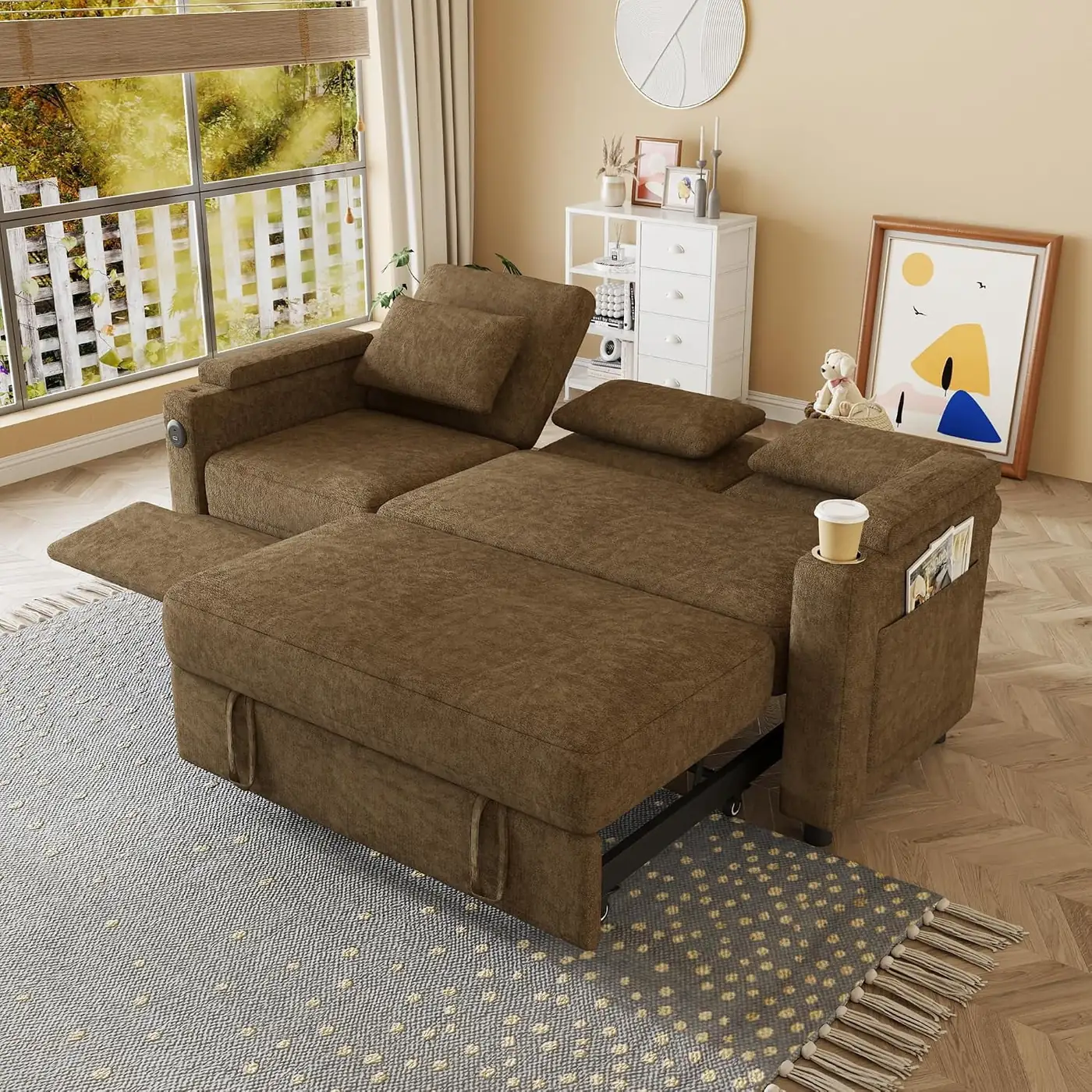 81"Recliner Sofa Bed, 3-in-1 Chenille Sleeper Sofa, Pull Out Couch with Adjustable Backrest, USB, Side Pocket, Table, Cup Holder, Cloud Couch for Living Room, Apartment, Small Space, Brown